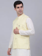 Men's Yellow Woven Design Waistcoats ( JOWC 4066Yellow )-JOWC-4066
