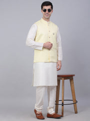 Men's Yellow Woven Design Waistcoats ( JOWC 4066Yellow )-JOWC-4066