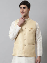 Men's Golden Woven Design Waistcoats ( JOWC 4069Golden )-JOWC-4069