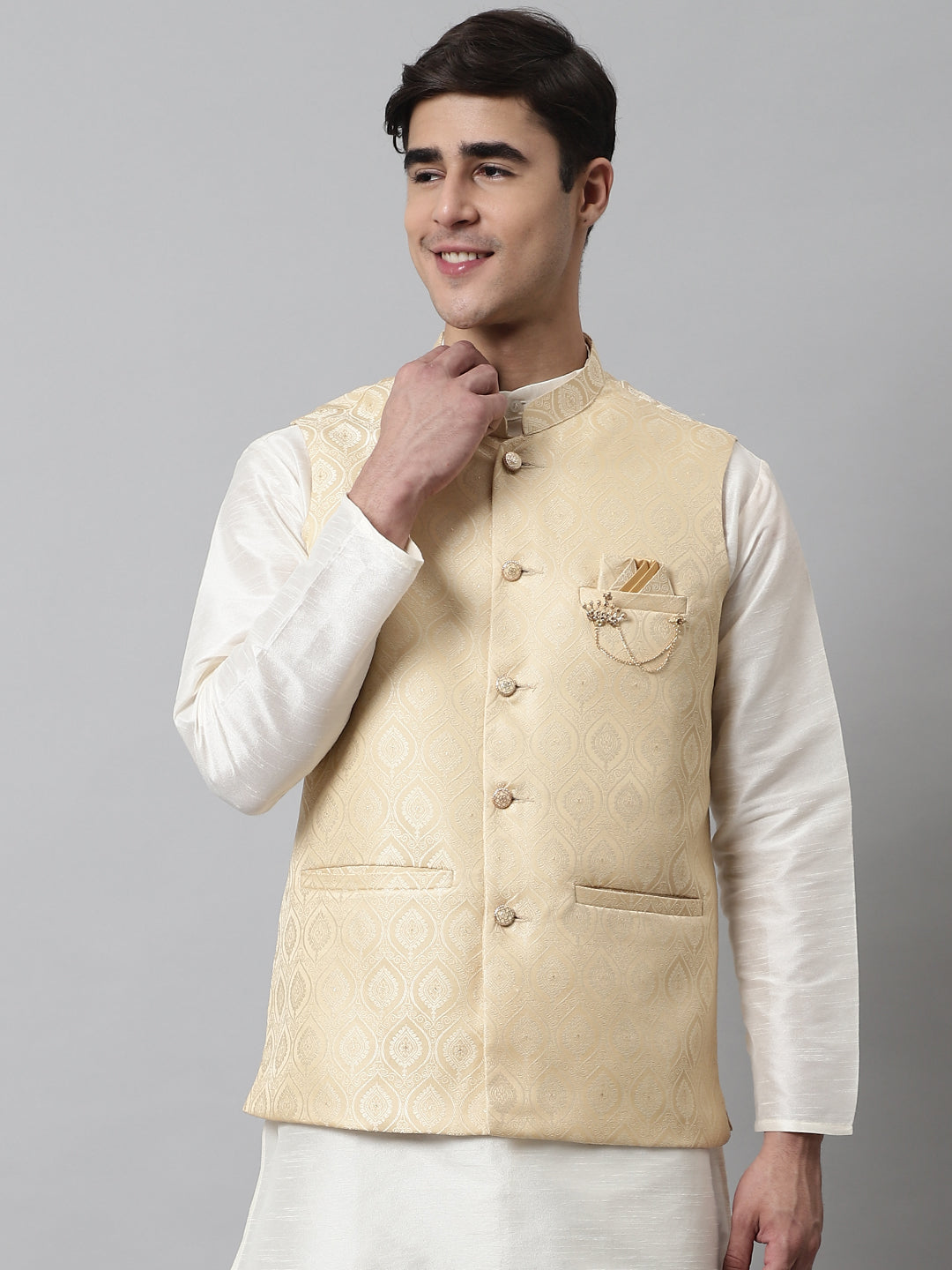 Golden Woven Nehru Jacket - Indian Nehru Jackets