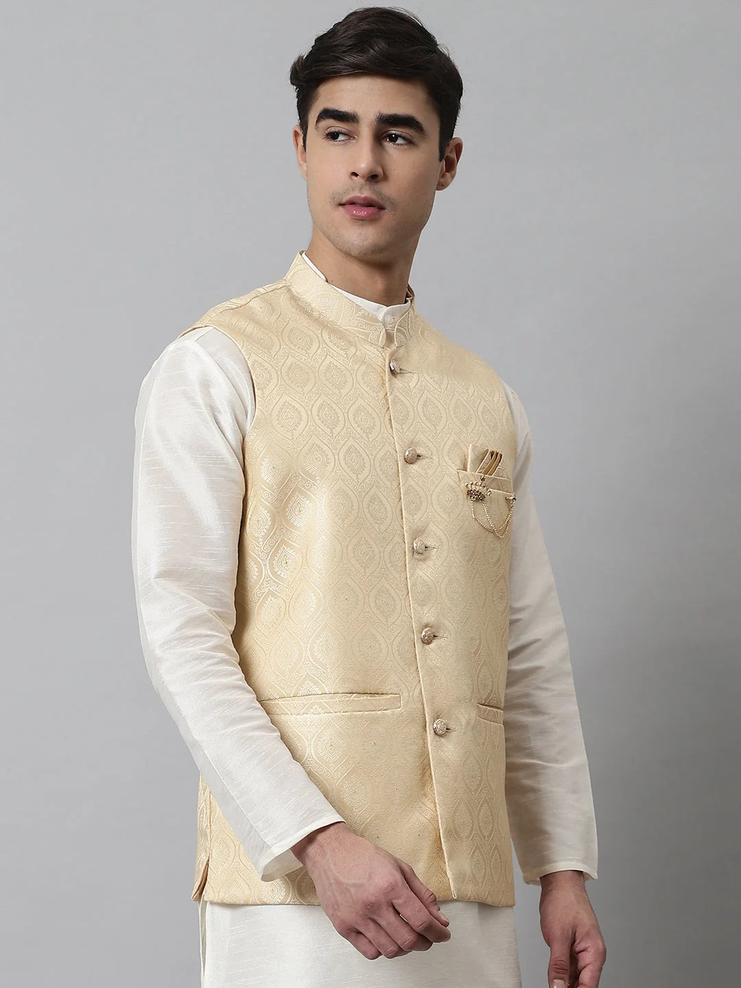 Golden Woven Nehru Jacket - Indian Nehru Jackets