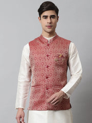 Men's Maroon Woven Design Waistcoats ( JOWC 4069Maroon )-JOWC-4069