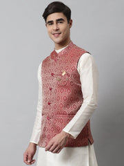 Men's Maroon Woven Design Waistcoats ( JOWC 4069Maroon )-JOWC-4069