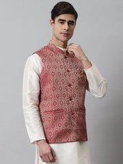 Men's Maroon Woven Design Waistcoats ( JOWC 4069Maroon )-JOWC-4069
