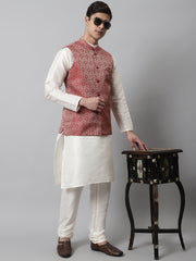 Men's Maroon Woven Design Waistcoats ( JOWC 4069Maroon )-JOWC-4069