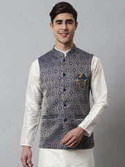Men's Navy Blue Woven Design Waistcoats ( JOWC 4069Navy )-JOWC-4069