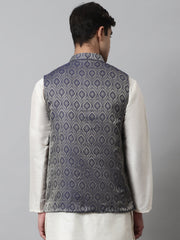 Men's Navy Blue Woven Design Waistcoats ( JOWC 4069Navy )-JOWC-4069