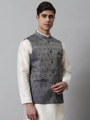 Men's Navy Blue Woven Design Waistcoats ( JOWC 4069Navy )-JOWC-4069