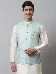 Men's Sky Blue Woven Design Waistcoats ( JOWC 4069Sky )-JOWC-4069