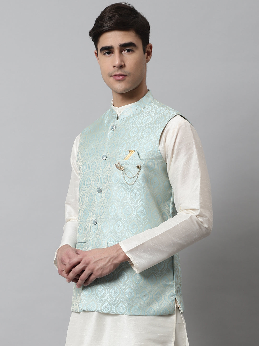 Sky Blue Cotton Nehru Jacket - Men's Ethnic Wear