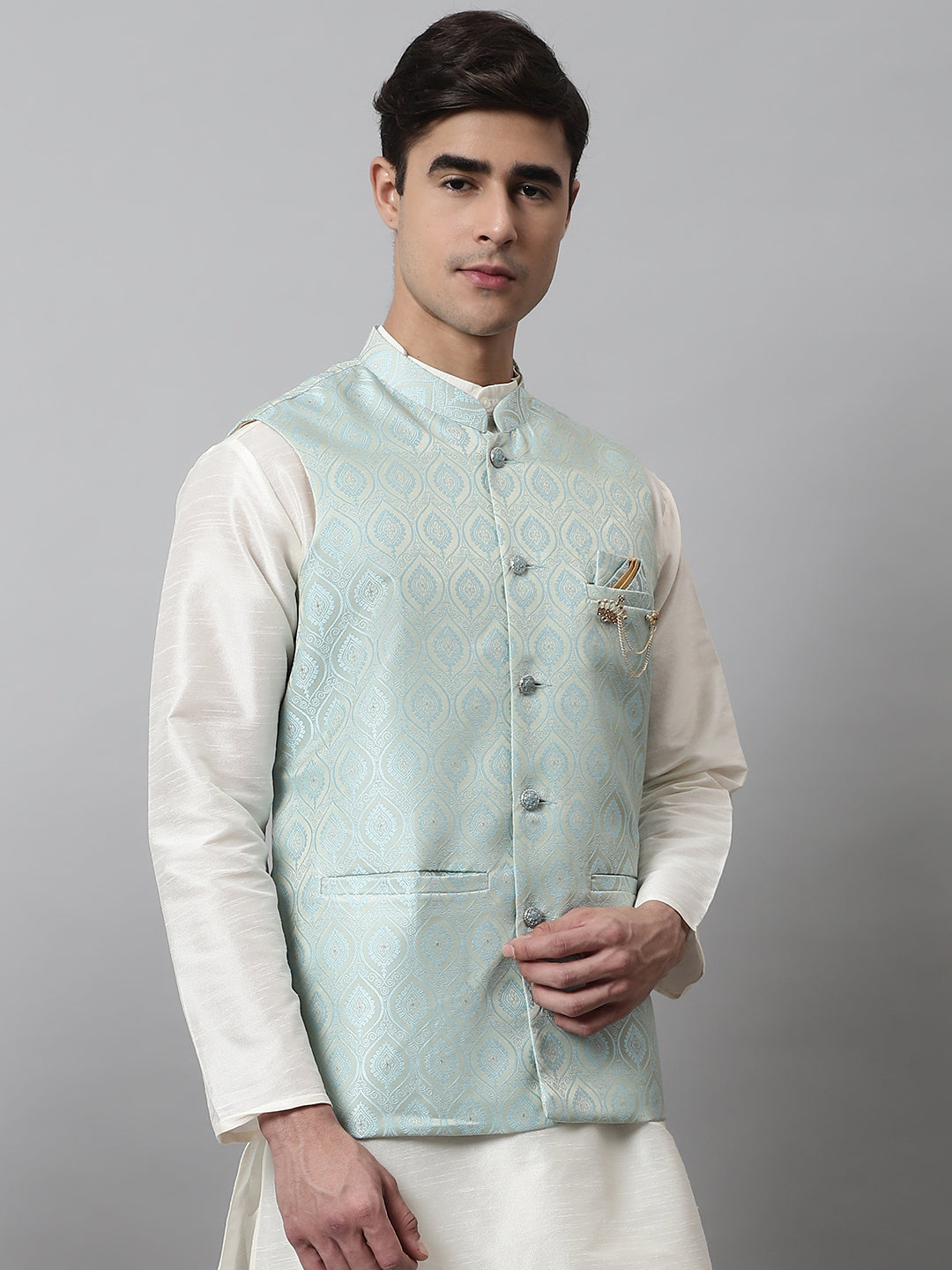 Sky Blue Cotton Nehru Jacket - Men's Ethnic Wear