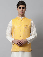 Men's Yellow Woven Design Waistcoats ( JOWC 4069Yellow )-JOWC-4069