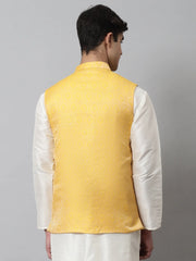 Men's Yellow Woven Design Waistcoats ( JOWC 4069Yellow )-JOWC-4069