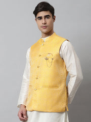 Men's Yellow Woven Design Waistcoats ( JOWC 4069Yellow )-JOWC-4069
