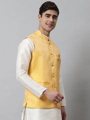 Men's Yellow Woven Design Waistcoats ( JOWC 4069Yellow )-JOWC-4069