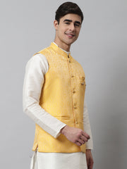Men's Yellow Woven Design Waistcoats ( JOWC 4069Yellow )-JOWC-4069
