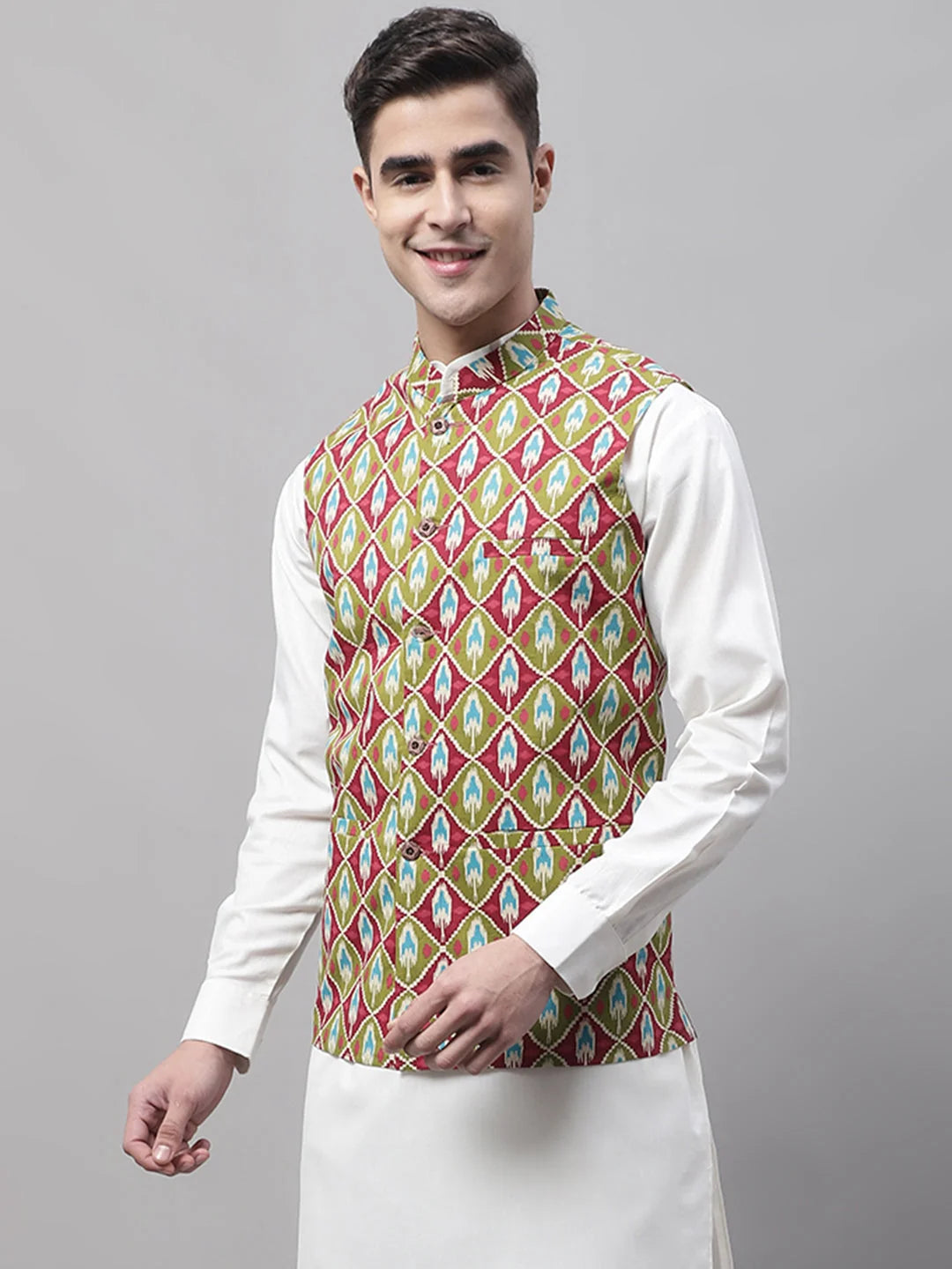 Men's Olive & Maroon Printed Nehru Jacket | Ethnic Wear