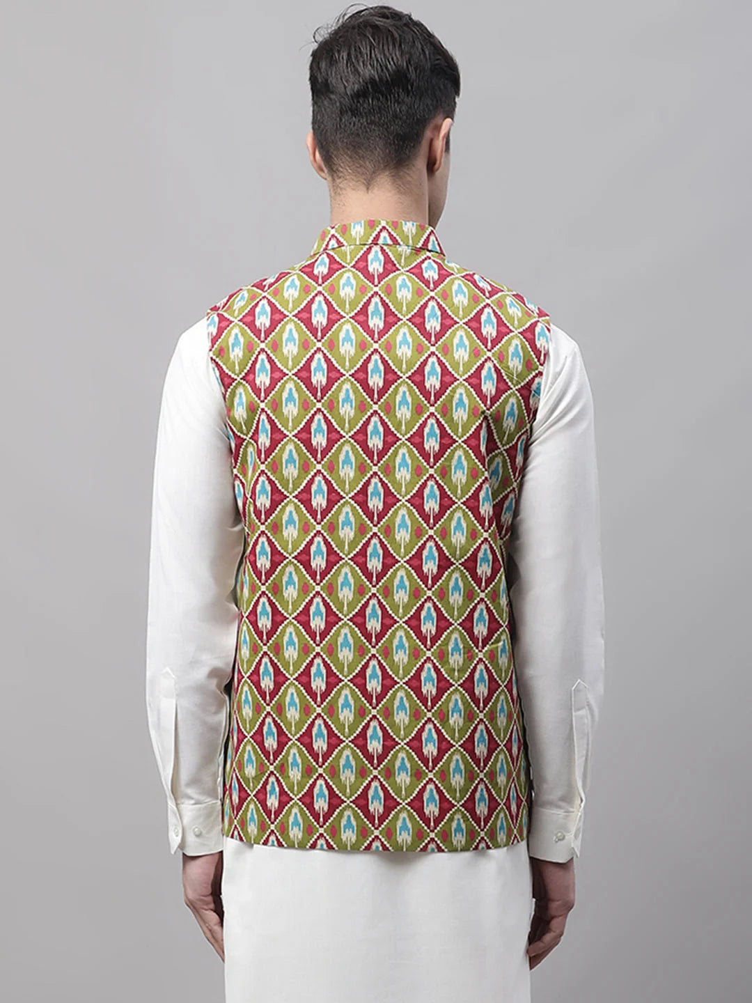 Men's Olive & Maroon Printed Nehru Jacket | Ethnic Wear
