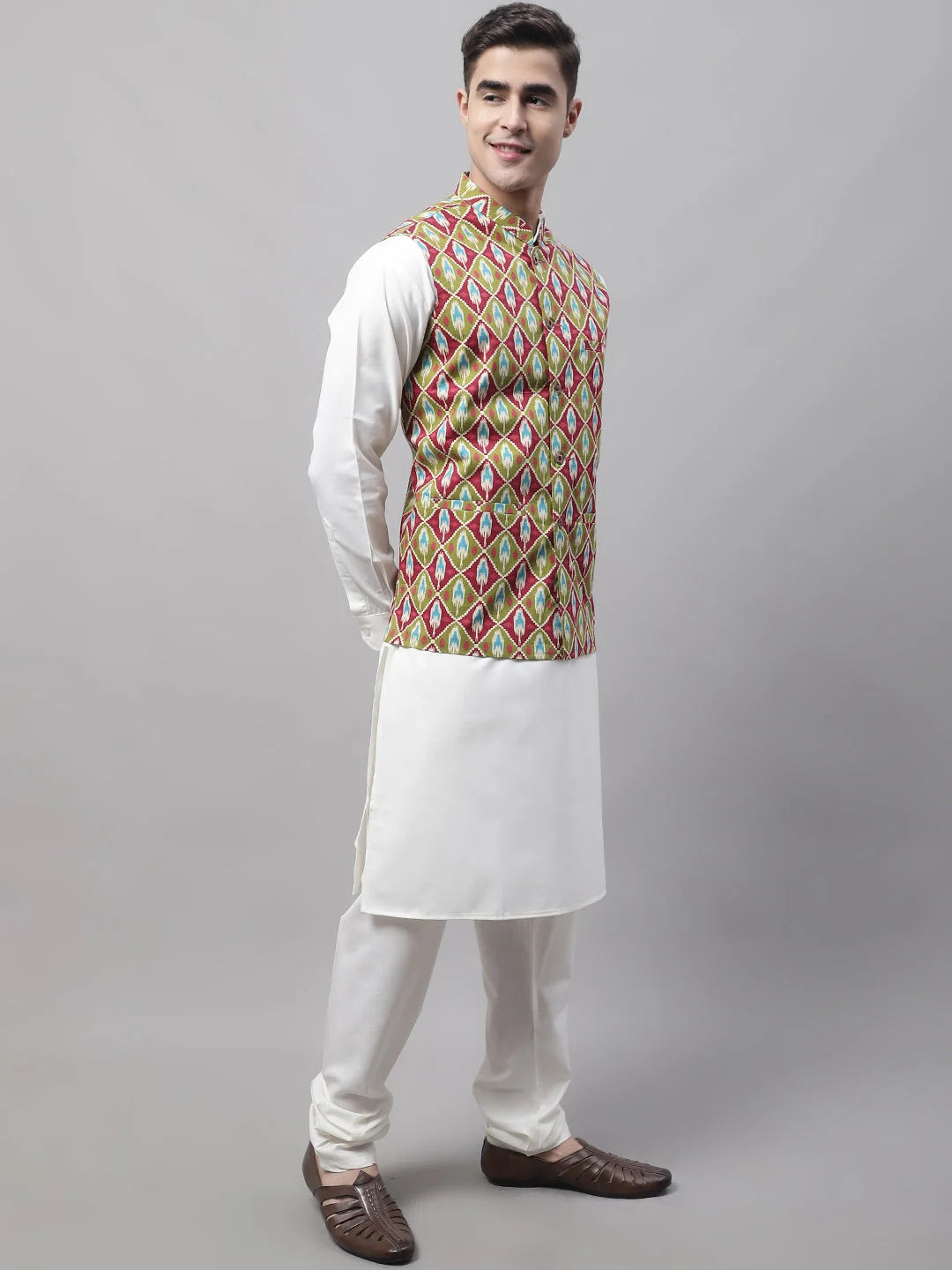 Men's Olive & Maroon Printed Nehru Jacket | Ethnic Wear