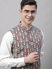 Men Teal and Maroon Printed Waistcoats-JOWC-4070