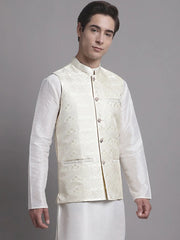 Men's Cream Woven Design Nehru Jacket