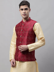 Men Maroon Woven Design Waistcoats-JOWC-4071