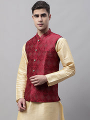 Men Maroon Woven Design Waistcoats-JOWC-4071