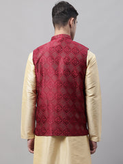Men Maroon Woven Design Waistcoats-JOWC-4071