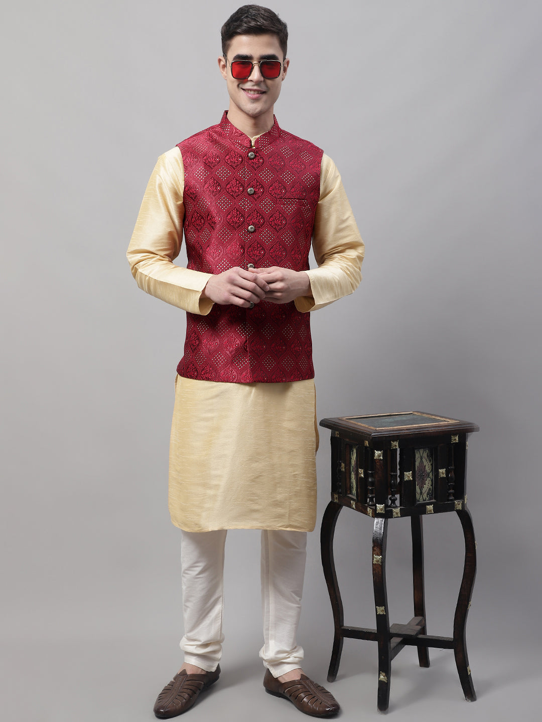 Men's Maroon Woven Design Nehru Jacket | Cotton Fabric