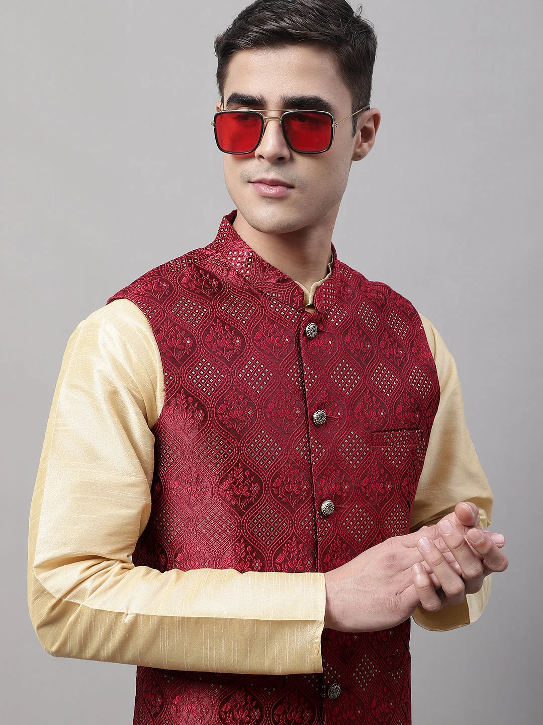 Men's Maroon Woven Design Nehru Jacket | Cotton Fabric