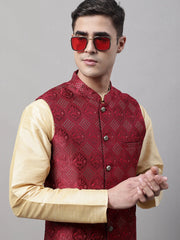 Men Maroon Woven Design Waistcoats-JOWC-4071