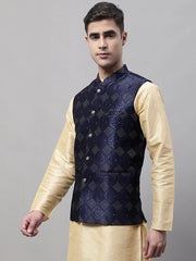 Men Navy Blue Woven Design Waistcoats-JOWC-4071