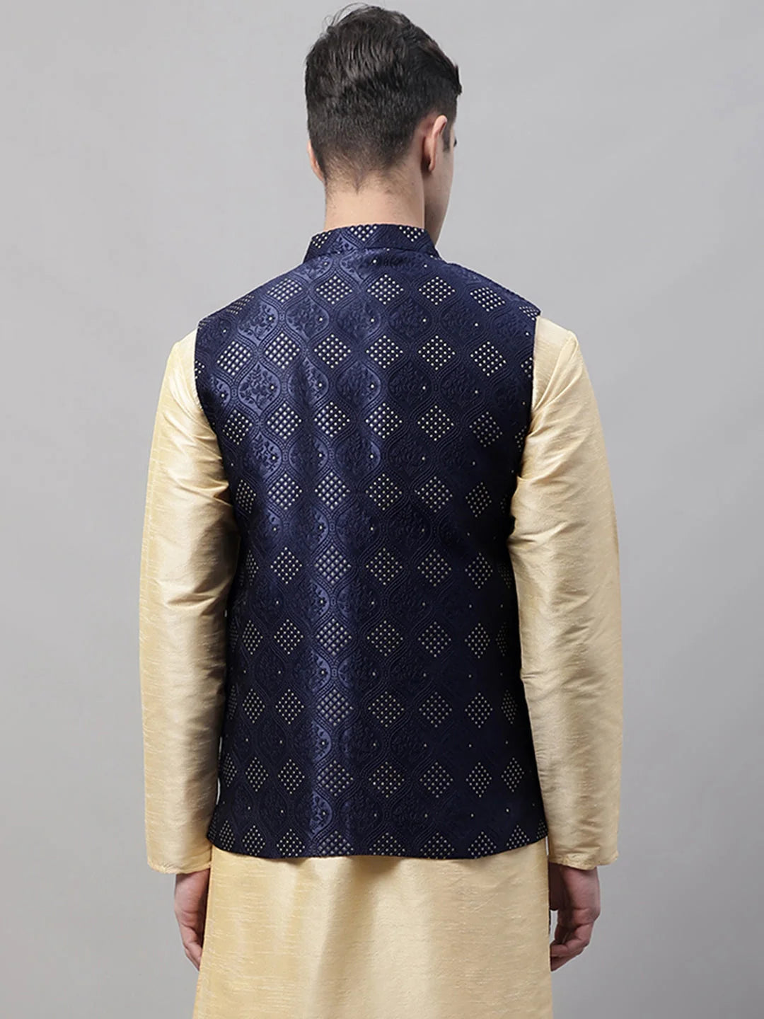 Navy Blue Woven Nehru Jacket for Men | Cotton Ethnic Wear