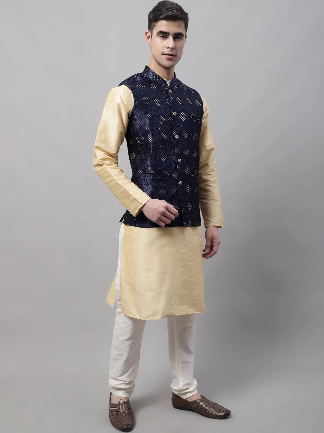 Navy Blue Woven Nehru Jacket for Men | Cotton Ethnic Wear