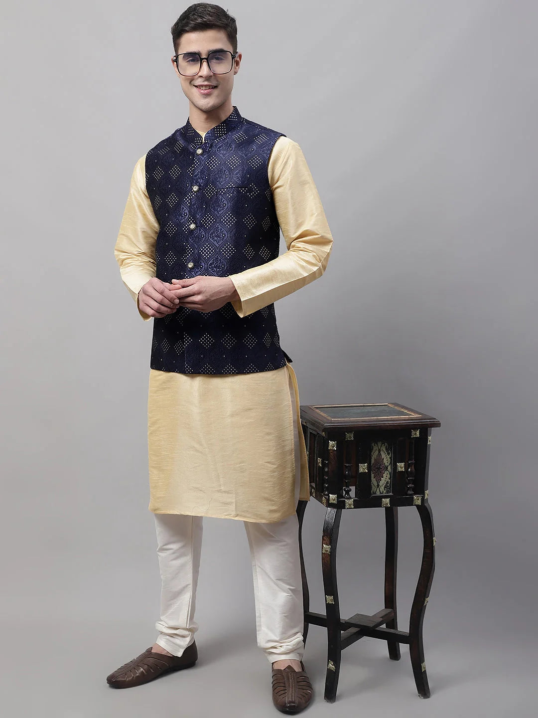 Navy Blue Woven Nehru Jacket for Men | Cotton Ethnic Wear