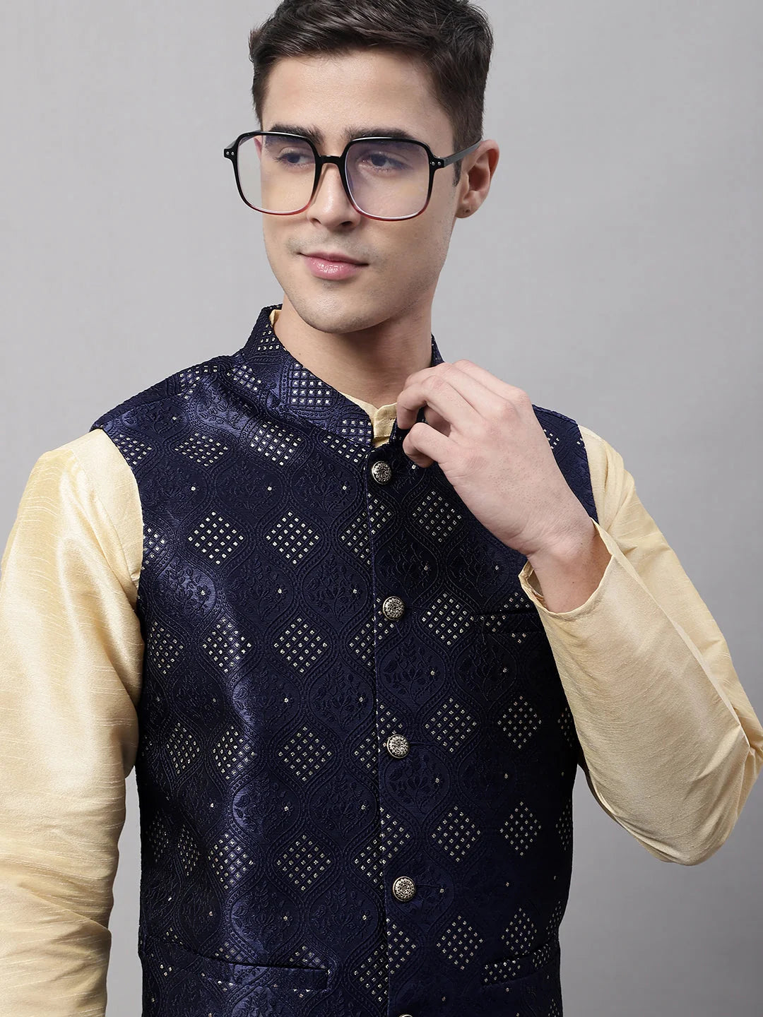 Navy Blue Woven Nehru Jacket for Men | Cotton Ethnic Wear