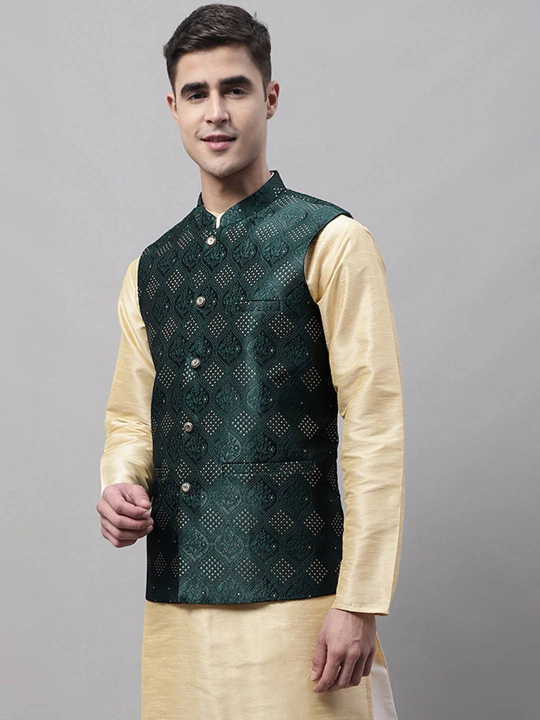 Olive Green Woven Design Nehru Jacket - Men's Ethnic Wear