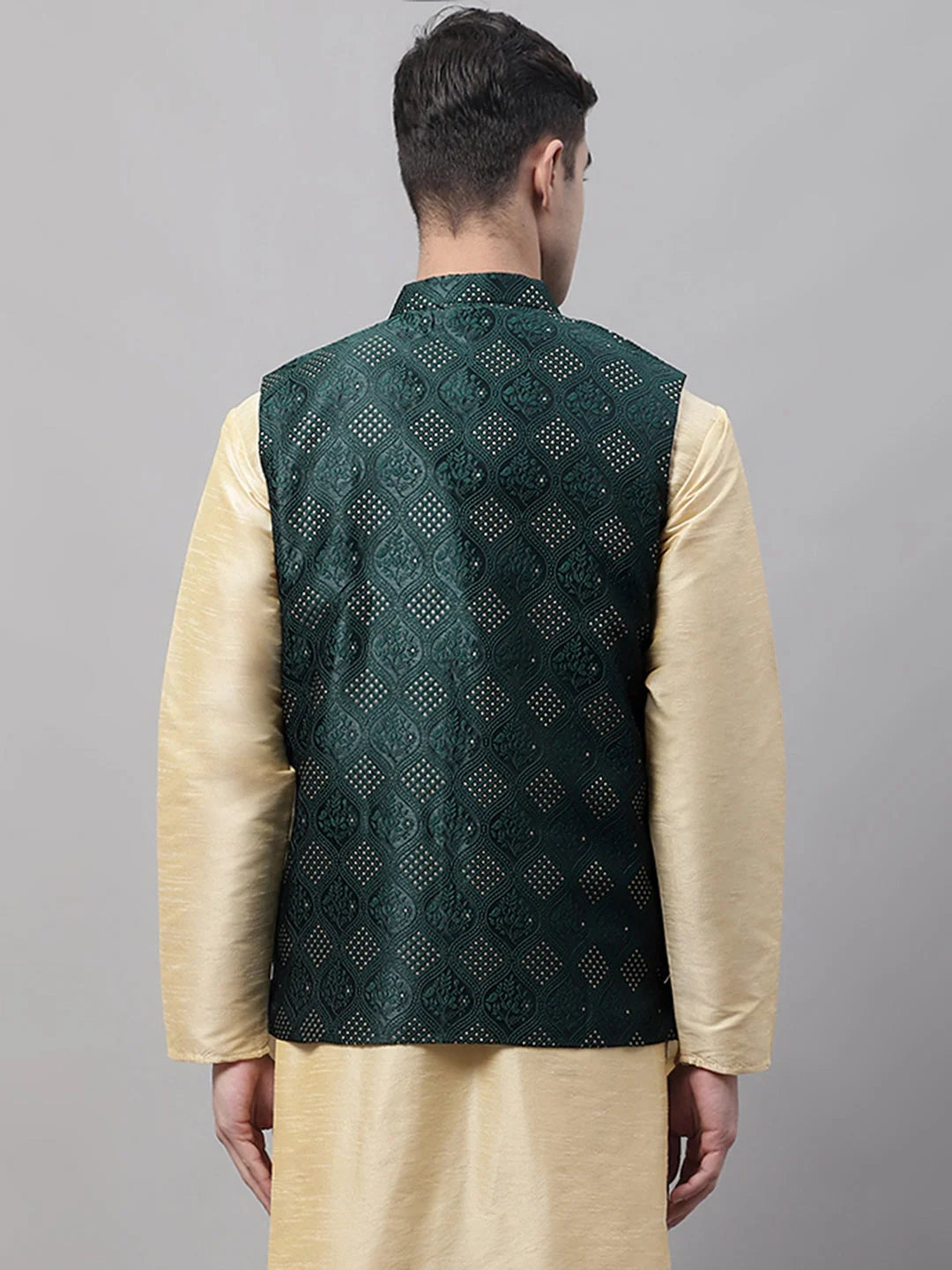 Olive Green Woven Design Nehru Jacket - Men's Ethnic Wear