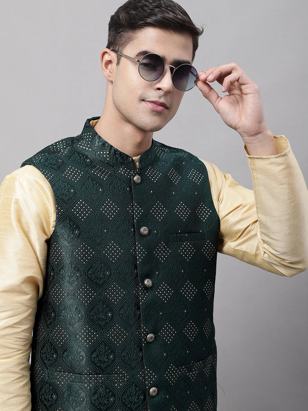 Men Olive Green Woven Design Waistcoats-JOWC-4071