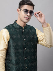 Men Olive Green Woven Design Waistcoats-JOWC-4071