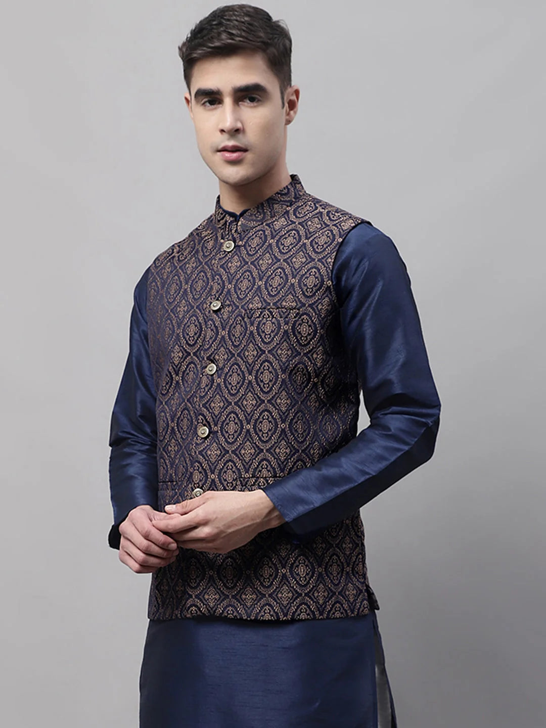 Navy & Brown Woven Nehru Jacket - Indian Nehru Jackets for Men