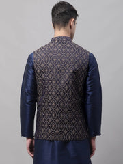 Men Navy Blue and Brown Woven Design Waistcoats-JOWC-4072