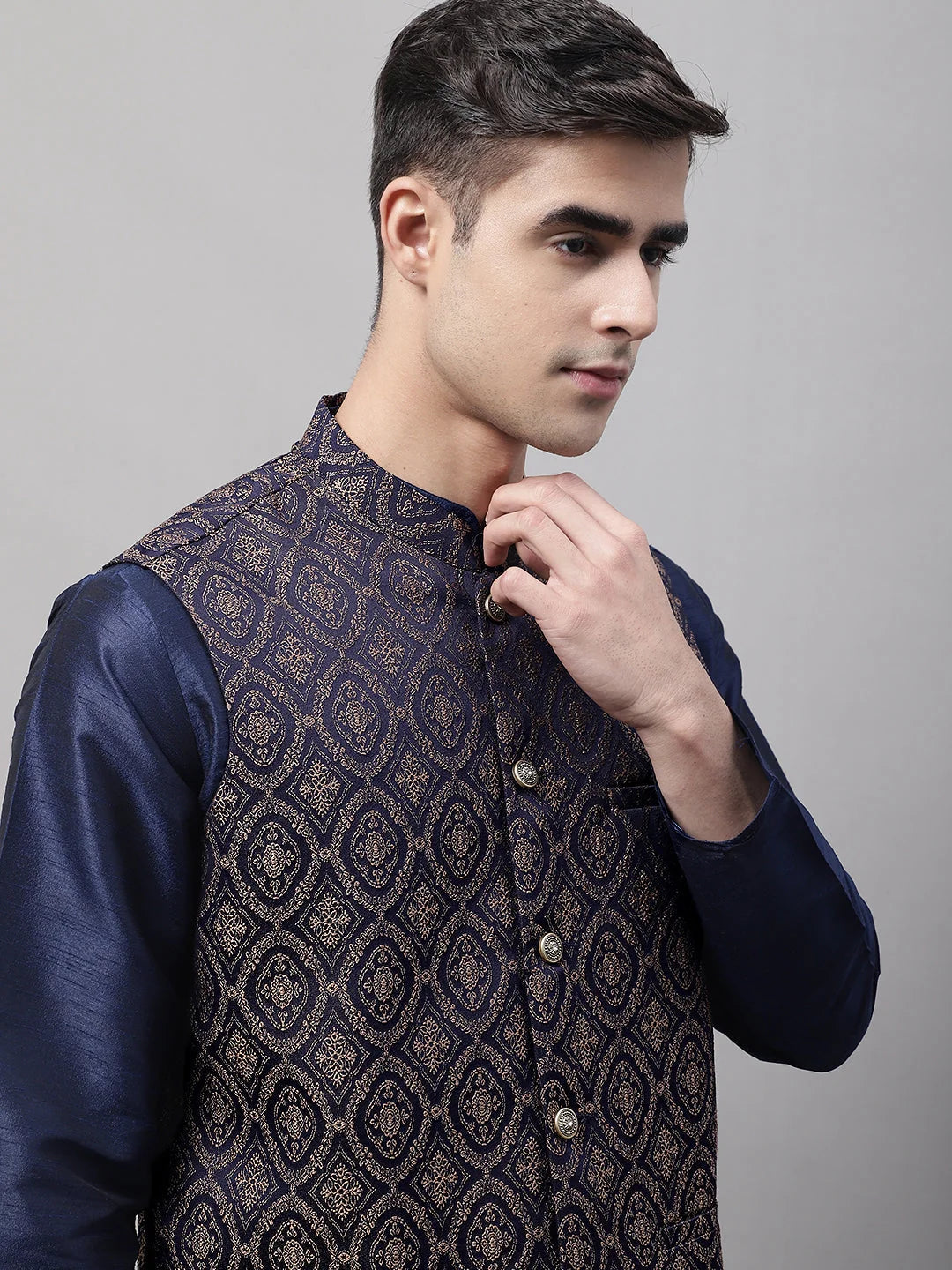 Navy & Brown Woven Nehru Jacket - Indian Nehru Jackets for Men