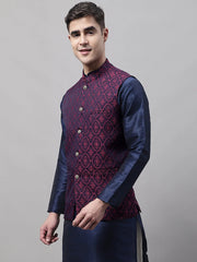Men Navy Blue and Maroon Woven Design Waistcoats-JOWC-4072