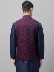 Men Navy Blue and Maroon Woven Design Waistcoats-JOWC-4072