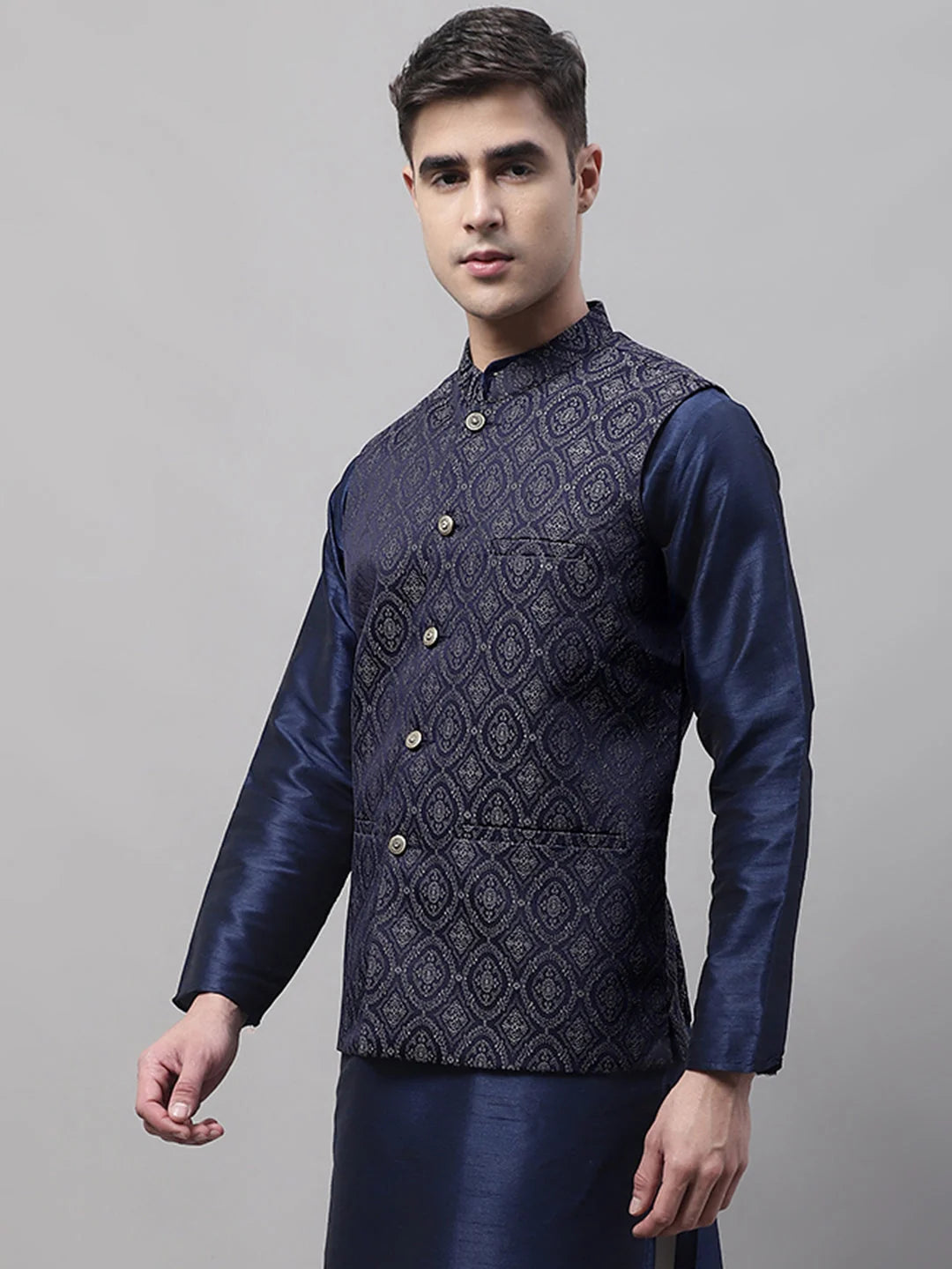 Navy & Silver Nehru Jacket - Men's Ethnic Nehru Jackets Online