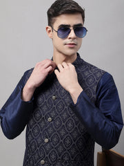 Men Navy Blue and Silver Woven Design Waistcoats-JOWC-4072