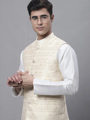 Men Yellow and White Woven Design Nehru Jacket-JOWC-4073