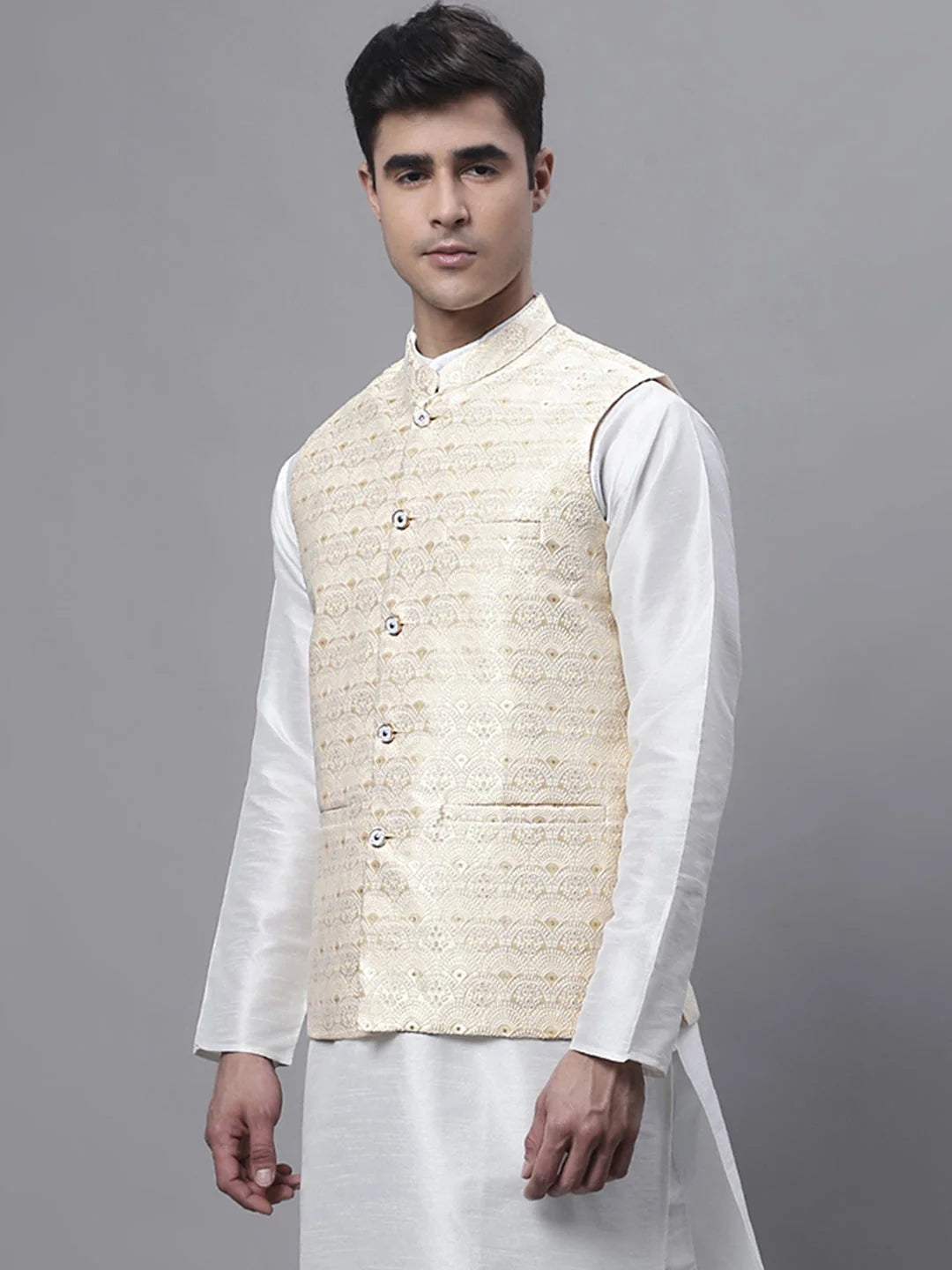 Woven Design Yellow Nehru Jacket - Cotton Men's Ethnic Wear