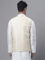 Men Yellow and White Woven Design Nehru Jacket-JOWC-4073